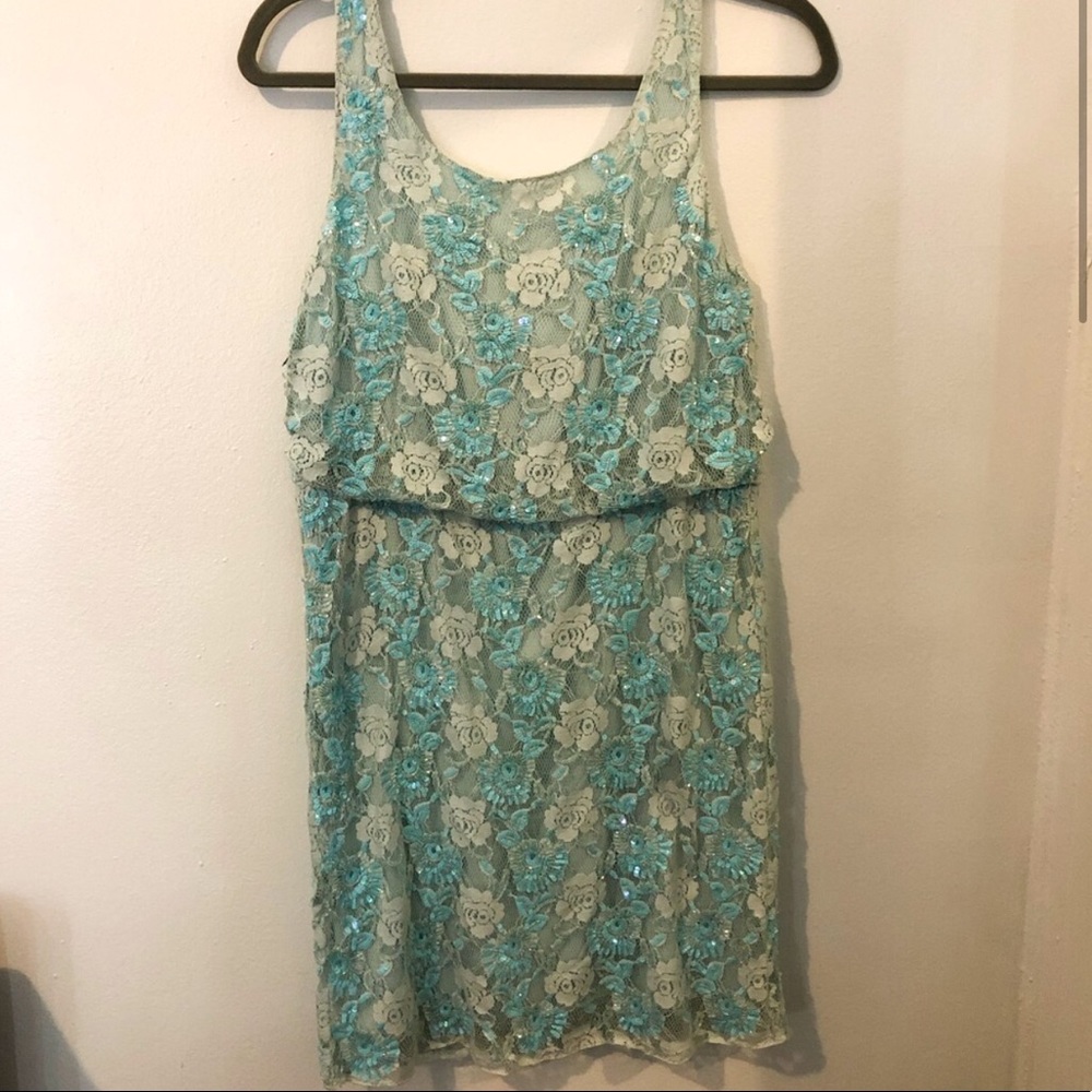 Alice + Olivia Aqua Lace Sequin Mini Dress